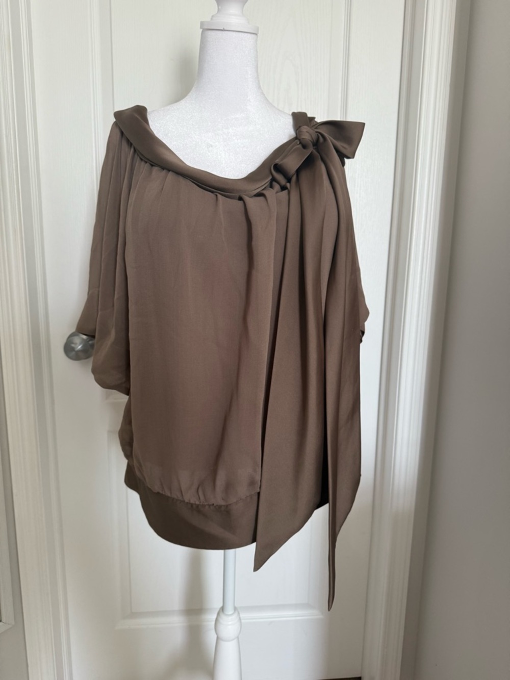 Chocolate Brown Wide Nexk Tie Blouse for Women (fits more a sz 14)